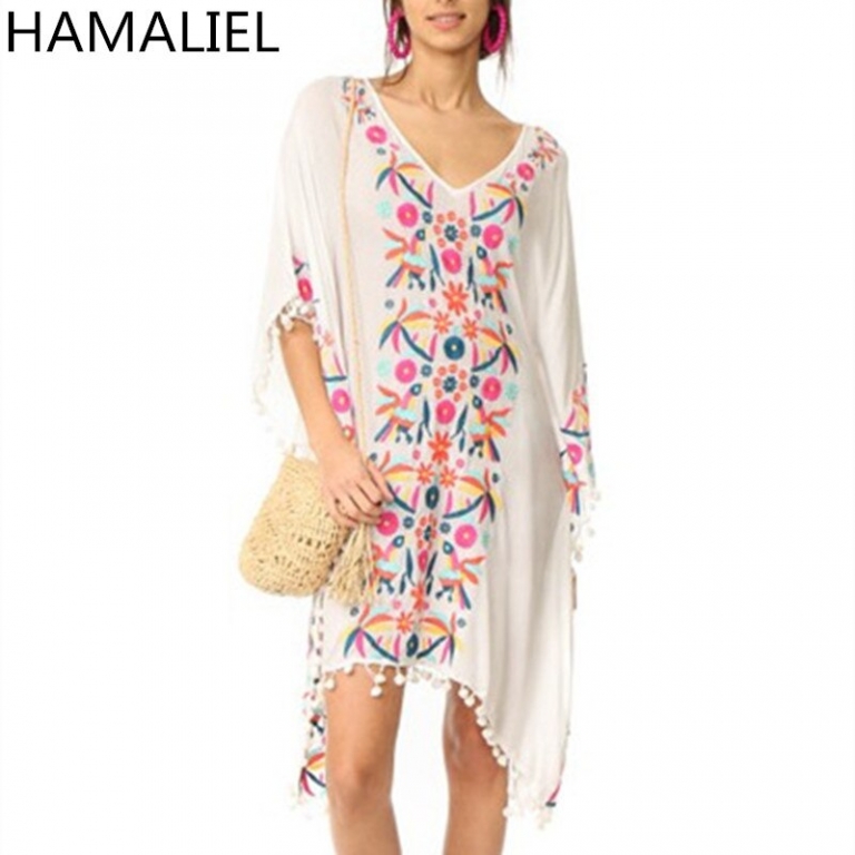 Bohemia Holiday Beach Dress 18 Embroidery Flower White Ball Tassel Cotton And Linen Half Sleeve Loose Asymmetrical Dress