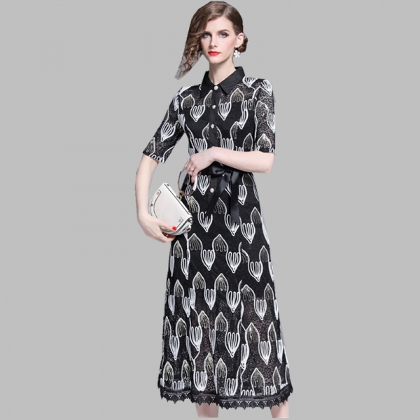 Half Sleeve Patchwork Hollow Out Floral Dress Vintage Sequine