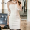 Solid Pencil Dress Women White Half Sleeve O-neck Lace Lady Dress