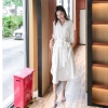 19 Fall Women Solid Turn-Down Collar Shirts Dresses A-Line Casual Pocket With Belt Loose Dress Half Sleeve Midi Dress