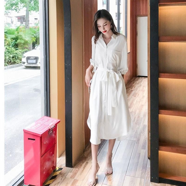 19 Fall Women Solid Turn-Down Collar Shirts Dresses A-Line Casual Pocket With Belt Loose Dress Half Sleeve Midi Dress 19 Fall Women Solid Turn-Down Collar Shirts Dresses A-Line Casual Pocket With Belt Loose Dress Half Sleeve Midi Dress