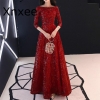 O-neck Half Sleeve Formal Dresses Women Vintage Wine Red Long Party