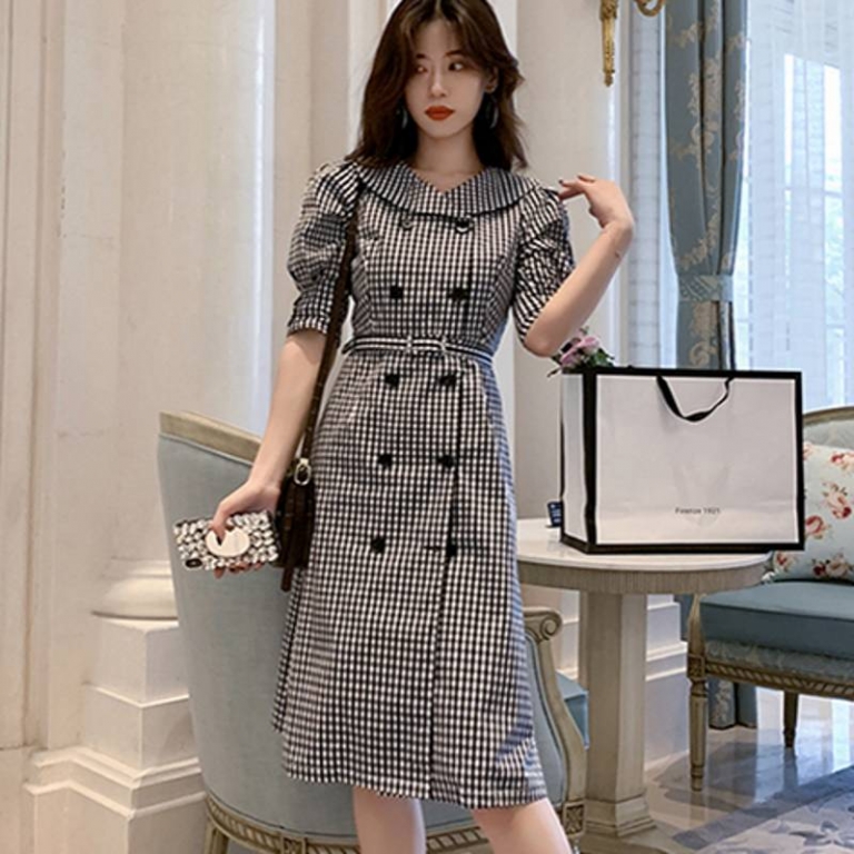 19 autumn Korean Double Breasted Plaid Dresses Women Gray Ruffles Bodycon OL Dress Fashion Half Sleeve dresses