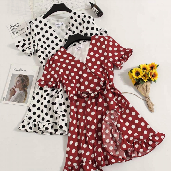 New Vintage Summer Ladies Casual Chiffon A-line Dot Half Flare Sleeves Drawstring Bowknot Dress Women Leisure Ruffles Dress 1 Casual Chiffon A-line Dot Half Flare Sleeves Drawstring Bowknot Dress