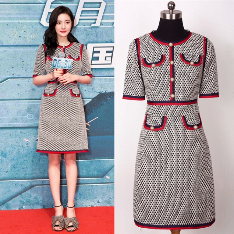 Fashion Designer Women Knitted Dress O-neck Button Half / Wrist Sleeve Runway Sweater Party Dress