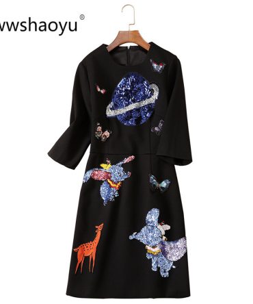 Ziwwshaoyu Women's Autumn Winter Vintage Black Dress Fashion Cartoon Sequin Embroidery Half Sleeve Dresses