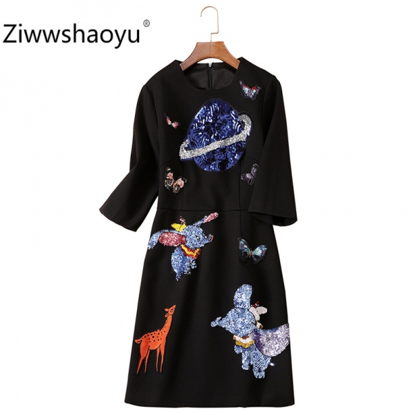 Ziwwshaoyu Women's Autumn Winter Vintage Black Dress Fashion Cartoon Sequin Embroidery Half Sleeve Dresses