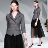 Spring Autumn Office Ladies Long Dress – Gray Black Patchwork Mesh Half Sleeve Casual Work Dress for Women
