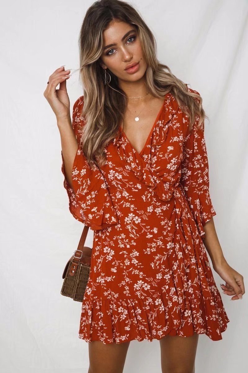 Floral Print Boho Dress Casual Deep V Neck Ruffles Beach