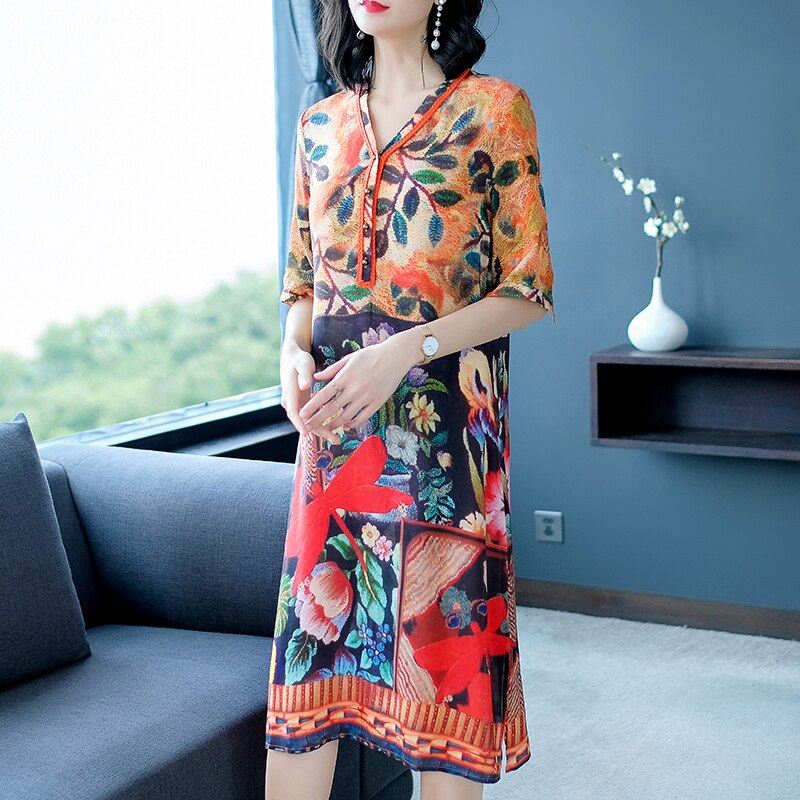 Imitate Real Silk Dress Plus Size 19 New Summer Women Silk Dress Loose Half Sleeved Print A-line Dresses Beach Casual Clothes 2 Silk Dress Loose Half Sleeved Print A-line