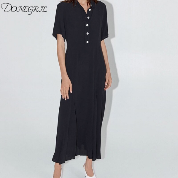 19 Dress Womens Summer Fashion Concise Casual Turn-down collar half Sleeve dress single breasted A Line black long dress 1 Concise Casual Turn-down collar half Sleeve dress single breasted A Line black