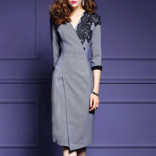 Plus size S-4XL!18 spring Pencil Dress half Sleeve Office lady Dress Women V- Neck Irregular embroidery Work Dress