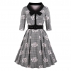 Vintage Flare Dress Bow Tie Belt Slim Plaid Rose Print Half Sleeves Dress Plus Size