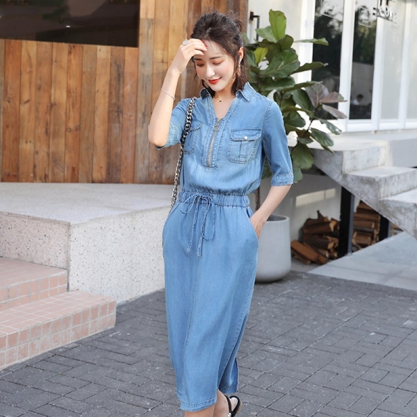 Midi Cowboy Plus Size Dress Belt Elastic Waist Casual Jeans Dress