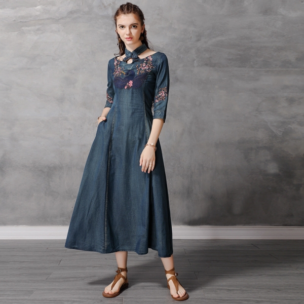 Autumn Denim Dress Women Half Sleeve Floral Embroidery Vintage Jeans Dresses Ladies Stand Collar A Line Long Retro Denim Dresses Autumn Denim Dress Women Half Sleeve Floral Embroidery Vintage Jeans Dresses Ladies Stand Collar A Line Long Retro Denim Dresses