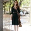 Plus Size A-line Dress Summer Women Black Striped Half Sleeve V-neck Knee-length Casual Office Lady Dress Vintage Korean Dresses