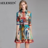 AELESEEN Vintage Dress Summer 19 Half Sleeve Flower Lapel Sashes Party Printed Dress Ethinic Bandage Slim Elegant Women Dress