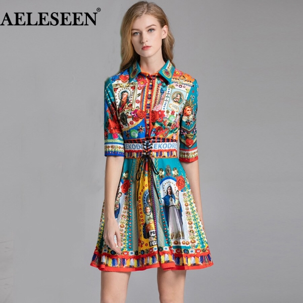 AELESEEN Vintage Dress Summer 19 Half Sleeve Flower Lapel Sashes Party Printed Dress Ethinic Bandage Slim Elegant Women Dress