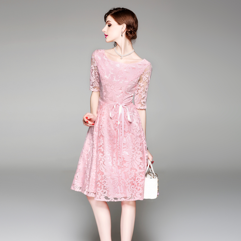 HAMALIEL Women Pink Party Dress 18 Summer Mesh Embroidery Hollow Out Half Sleeve Female Vianteg Slim Tie Bow Dress Vestidos