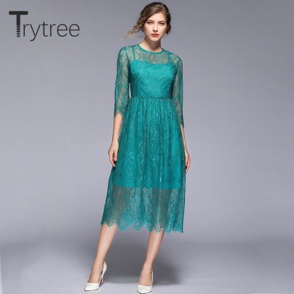 Autumn Casual Lace Dress Geometric embroidery women Half sleeve dress