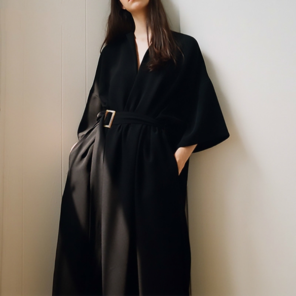 V-Neck Half Sleeve Black Loose Waist Bandage Pocket Long Big Size Dress
