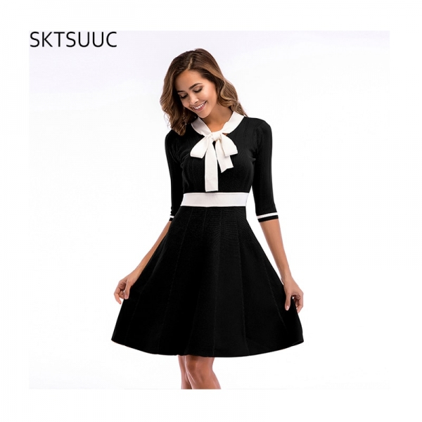 SKTSUUC 19 Women Knitted Dress White Collar With Bow Half Sleeve Office Dresses For Ladies Autumn Women Knitted Dress 1 White Collar With Bow Half Sleeve Office SKTSUUC
