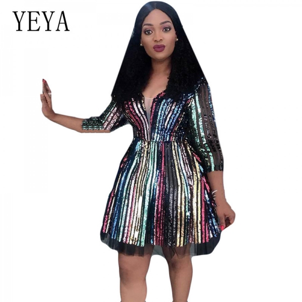 YEYA Color Sequins Stripes V Neck Sexy Dress Elegant Half Sleeve Hollow Out Retro Stylish Mini Dress Women Autumn Party Dresses YEYA Color Sequins Stripes V Neck Sexy Dress Elegant Half Sleeve Hollow Out Retro Stylish Mini Dress Women Autumn Party Dresses