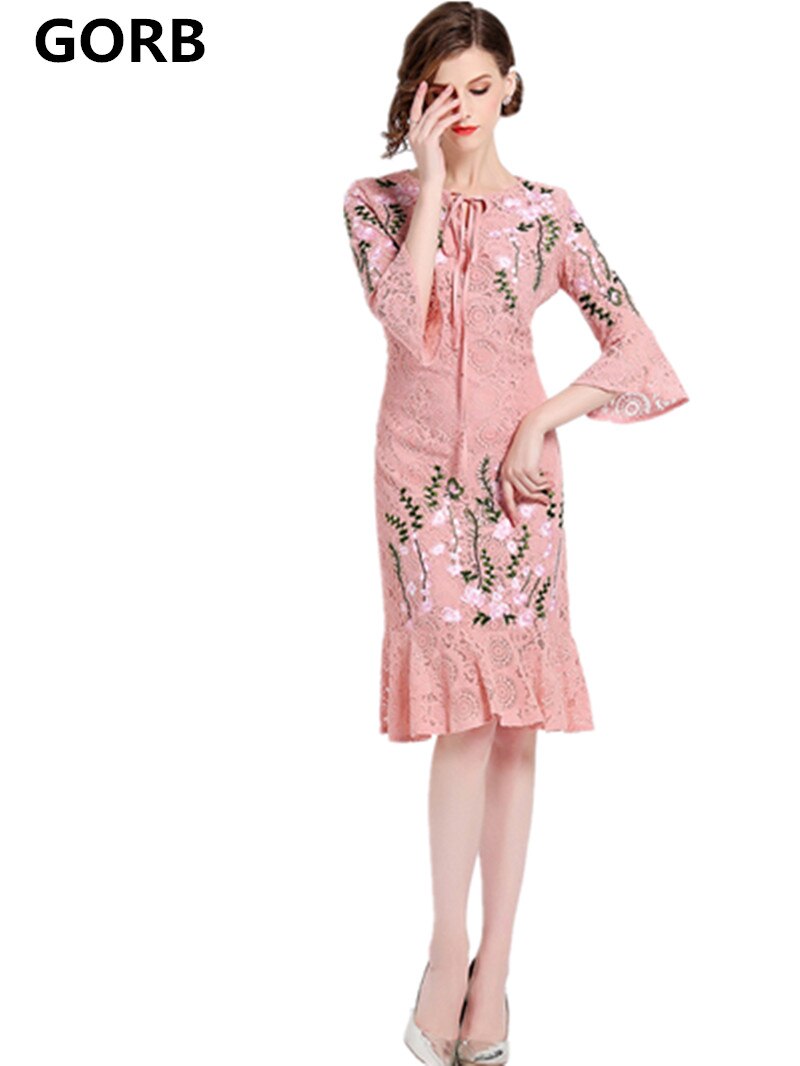 GORB 19 Newest Women Fashion Runway Lace Embroideried Pink Long Dress High Quality Flare Half Sleeve Slim Large Size Dresses