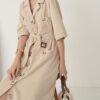 Temperament Waist Commuter Button Dress Half Sleeve Pockets Midi Dress