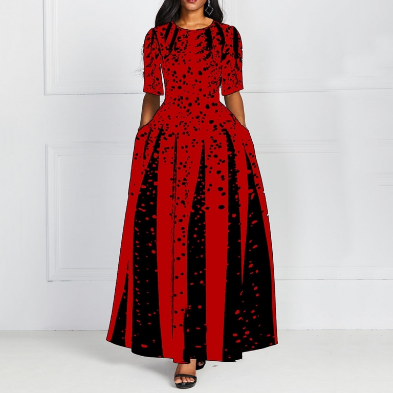 Fashion Women Red Half Sleeve Elegant Round Neck Boho Bandage Print Long Midi Dress Ladies Casual Slim Ladies Dress