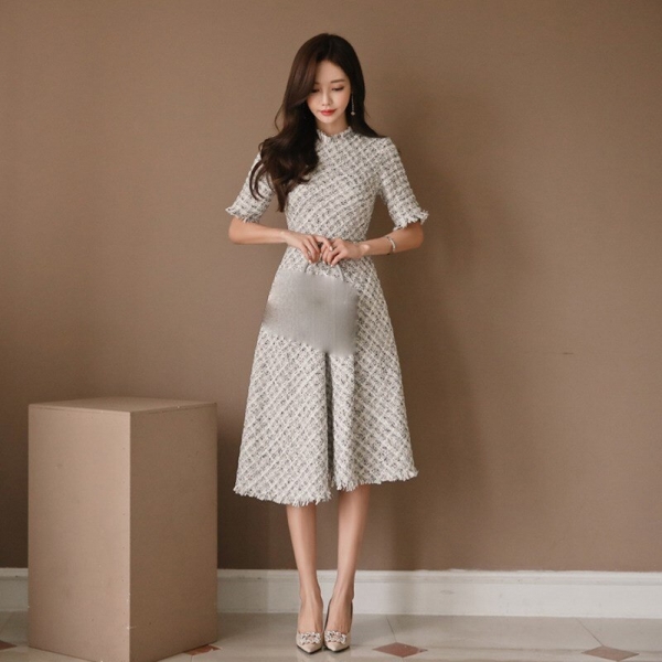 Tweed Dress Elegant Half Sleeve High Waist Plaid Dress Empire Slim Fit A Line