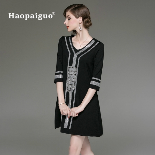 M-XXXL Plus Size Black A-Line Casual Dress Women V-neck Half Sleeve Elegant Mini Dress Women Loose Vintage Office Ladies Dresses 1 V-neck Half Sleeve Elegant Mini Dress Women Loose Vintage Office