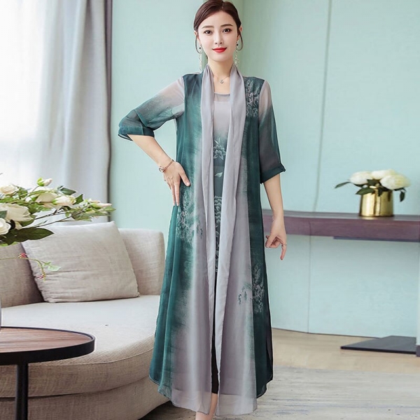Summer New Women Two Piece Dresses 19 Plus Size Loose Vintage Chiffon Dresses Female Print Half Sleeve Long Dresses LJ2417
