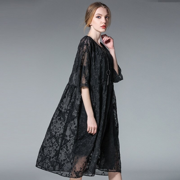 Fashion dresses plus size half sleeve floral embroidery silk