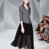 Spring Autumn Office Ladies Long Dress – Gray Black Patchwork Mesh Half Sleeve Casual Work Dress for Women