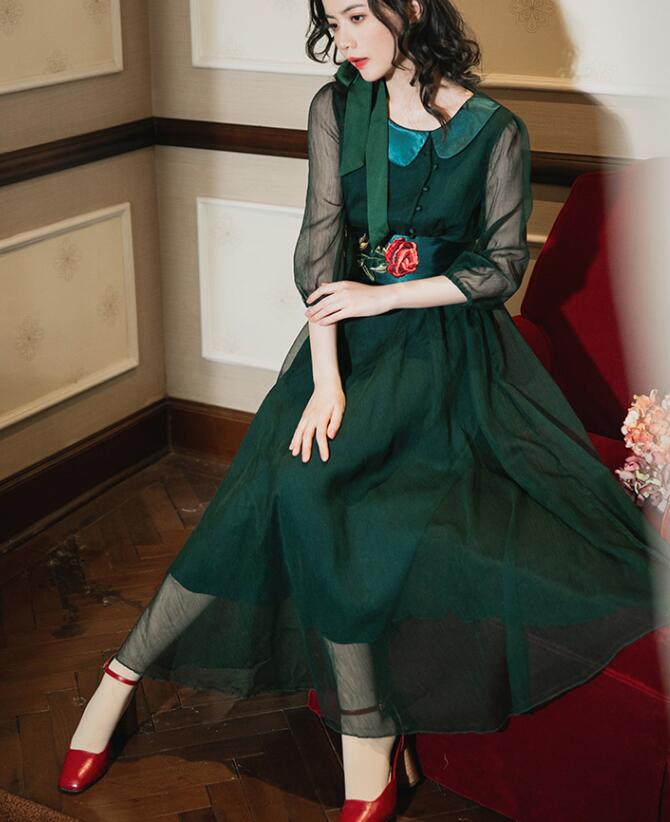 High Quality Retro 19 Spring New Arrival Bowknot Tie Flower Embroidery Half Sleeve Woman Long Chiffon Dress Green
