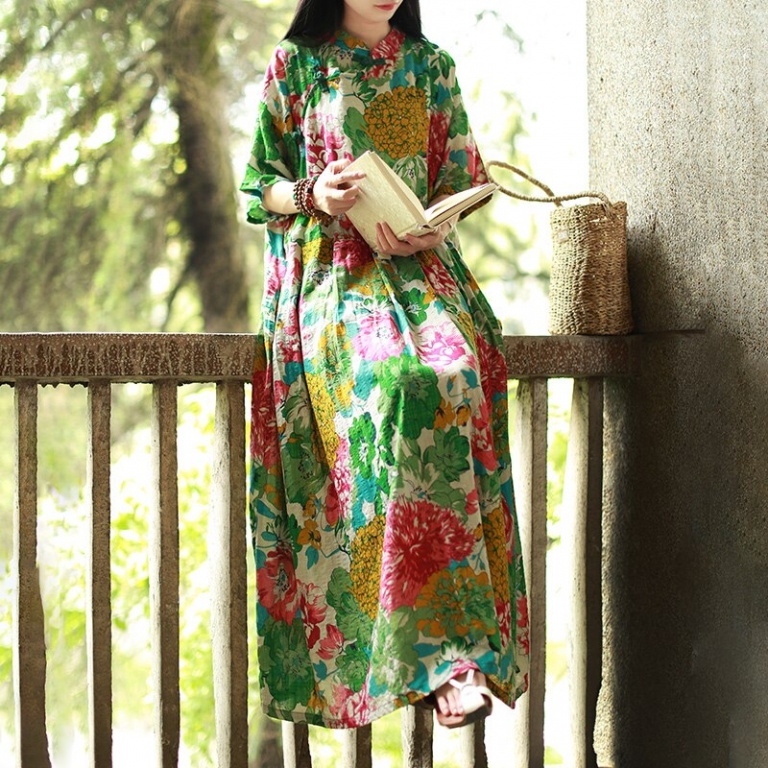 Hisenky 19 Mori Girl Half Sleeve Mandarin Collar Vintage Dress Plus Size Summer Maxi Dresses Long Women Dress Loose Vestidos