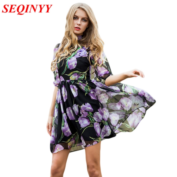 Fashion Dress Summer Spring New Women's 17 New Half Lantern Sleeve Purple Flowers Printed Emrboidery A-line Dress Dress Summer Spring New Women's 17 New Half Lantern Sleeve Purple Flowers