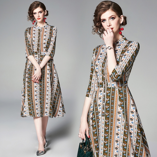 YASUGUOJI New 19 Summer Dress Women Vintage Floral Dress Half Sleeve A Line Stand Collar Single Breasted Slim Dress Women YASUGUOJI New 19 Summer Dress Women Vintage Floral Dress Half Sleeve A Line Stand Collar Single Breasted Slim Dress Women