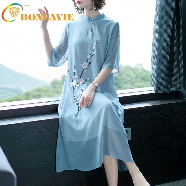 Women Dress Chinese Retro Style Plum Blossom Embroidery Summer Large Size Chiffon Dress Half Sleeve Knee-Length Collar Dresses 1 Dress Chinese Retro Style Plum Blossom Embroidery Summer Large