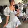 Ruffle dress flare half sleeves court styles polka dot printe