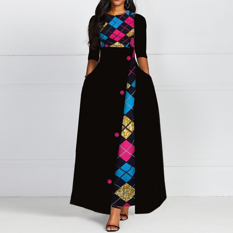 Autumn Winter Women Black Long Dress Elegant Print 19 African Vestido Vintage A Line Plus Size Half Sleeves Dresses