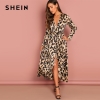 Multicolor Satin Leopard Wrap Dress – Elegant Deep V Neck Half Sleeve Style