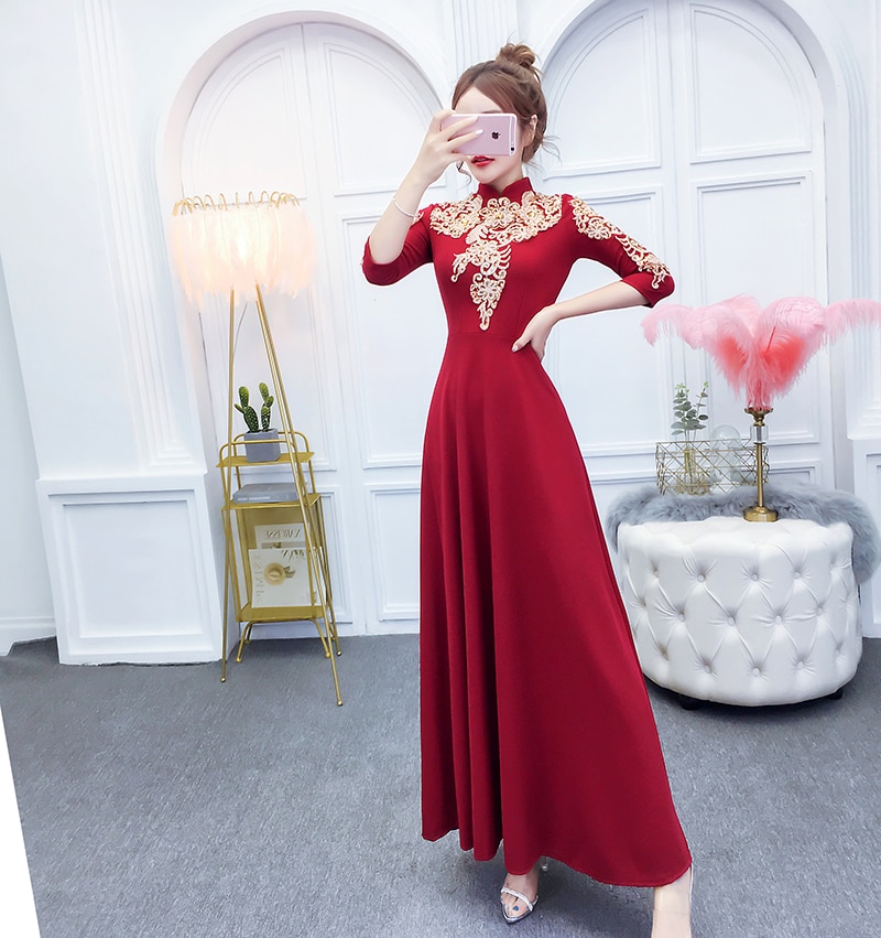 YOSIMI 19 Summer Maxi Evening Party Dress Half Sleeve Gold Line Embroidery Elegant A-line Long Slim Women Dresses Ankle-Length 3 Half Sleeve Gold Line Embroidery Elegant A-line Long Slim Women Dresses Ankle-Length
