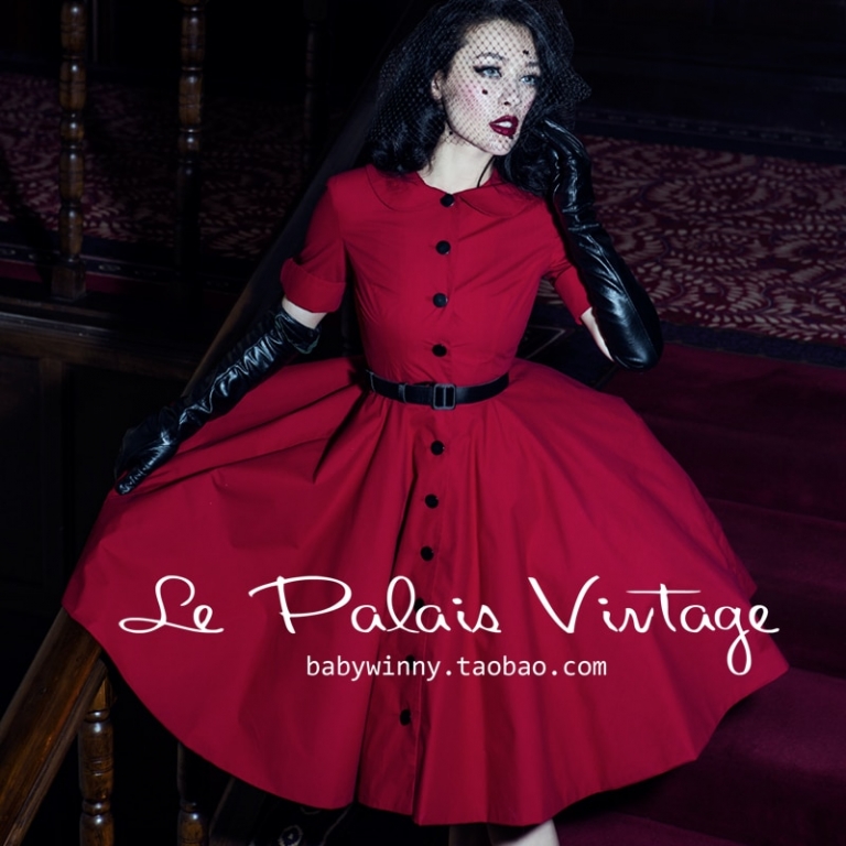 Vintage Elegant Red Classic Peter Pan Collar Half Sleeve One-Piece Dress – Timeless Style for Every Occasion - Image 2