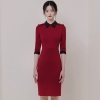 Autumn Turn-Down Collar Half Sleeve Red Vestidos Bodycon Pencil Brief OL Office Lady Dress