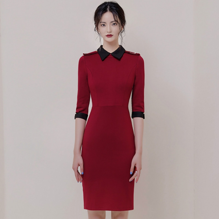 Autumn Turn-Down Collar Half Sleeve Red Vestidos Bodycon Pencil Brief OL Office Lady Dress