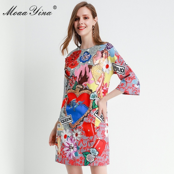 MoaaYina Fashion Designer dress Spring Summer Women's Dress Half sleeve Crystal Beading Floral-Print Dresses 1 Designer dress Spring Summer Women's Dress Half sleeve Crystal