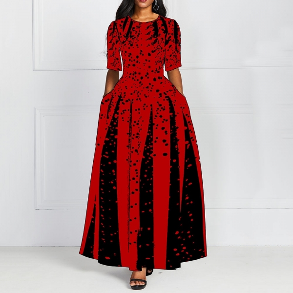 Red Half Sleeve Elegant Round Neck Boho Bandage Print Long Midi Dress