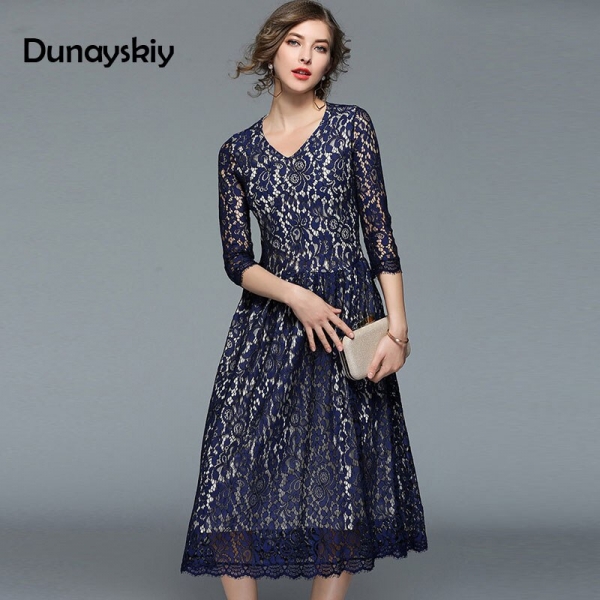 19 Spring Summer Vintage Lace Dress Women's Slim V-neck Lace-up Vestido Femme Half Sleeve Party Office Long Dresses Dunayskiy 1 Vintage Lace Dress Women's Slim V-neck Lace-up Vestido Femme Half Sleeve Party Office